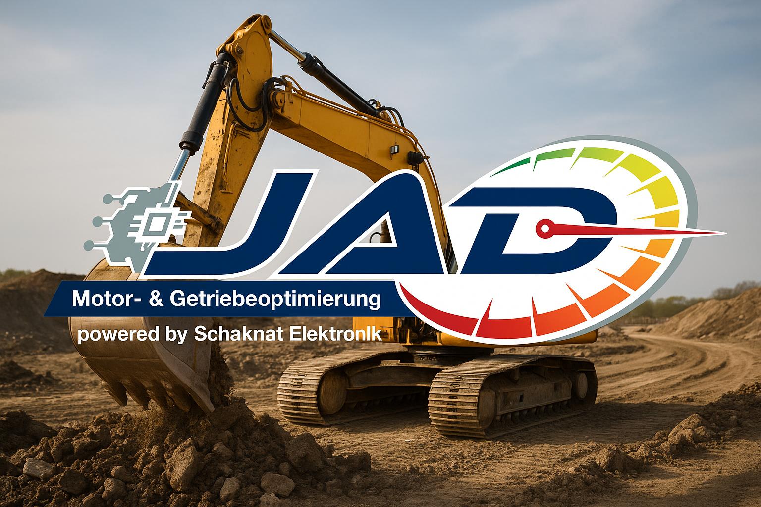JAD Motor- und Getriebeoptimierung Logo mit Baustellenhintergrund Motoroptimierung und Getriebeoptimierung